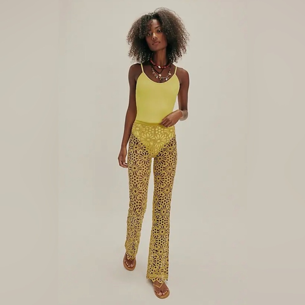 Free People Norma Kamali Lace Boot Pants Crochet Knit Lace Scalloped Hem